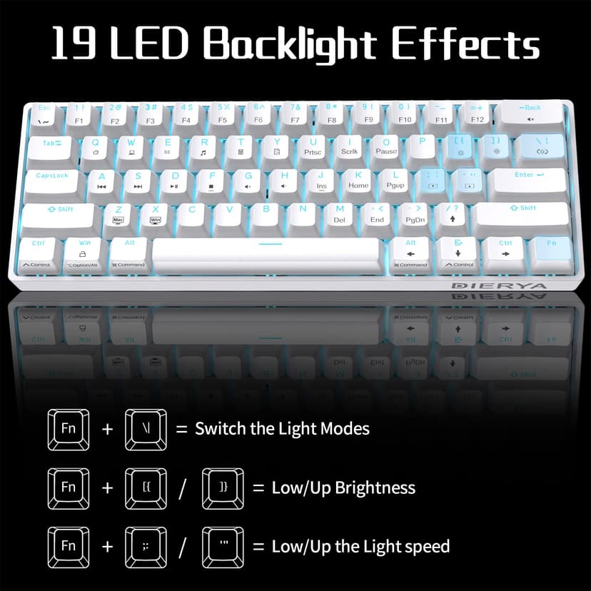 Dierya DK61se Mechanical Gaming Keyboard,60 percent Brown Switches,Ice Blue LED Backlit,Detachable USB-C Cable,Full-Key Rollover for Computer/PC/Laptop/MAC,US Layout,White - 4