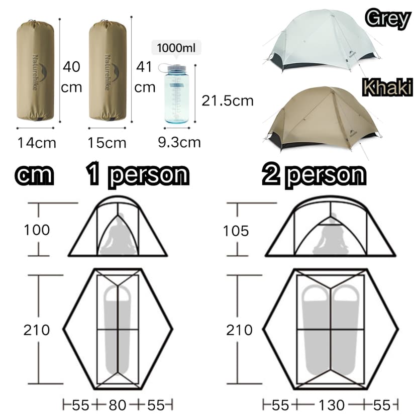 Naturehike Mongar UL Tent [2025 Upgrade] 1.5kg/3.3lb Ultralight Tents,1/2 Person Backpacking Tent,4 modes of use, Waterproof,Hiking tents for Camping with Front Porch,Easy Set up (Grey, 2 person) - 2