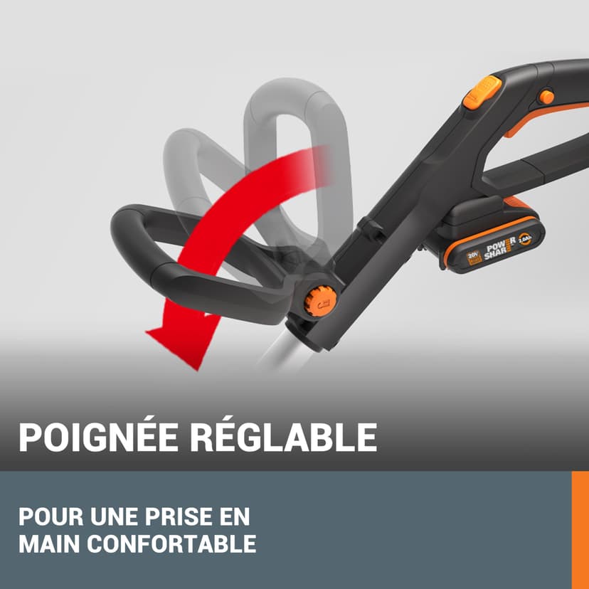 WORX Coupe-Bordures 2 en 1 sans Fil 20V WG163E.1, diamètre de 30 cm, se transforme en dresse-bordures, poignée Amovible, capot de protection, tête amovible 90°, livré avec une batterie 2Ah et chargeur - 8