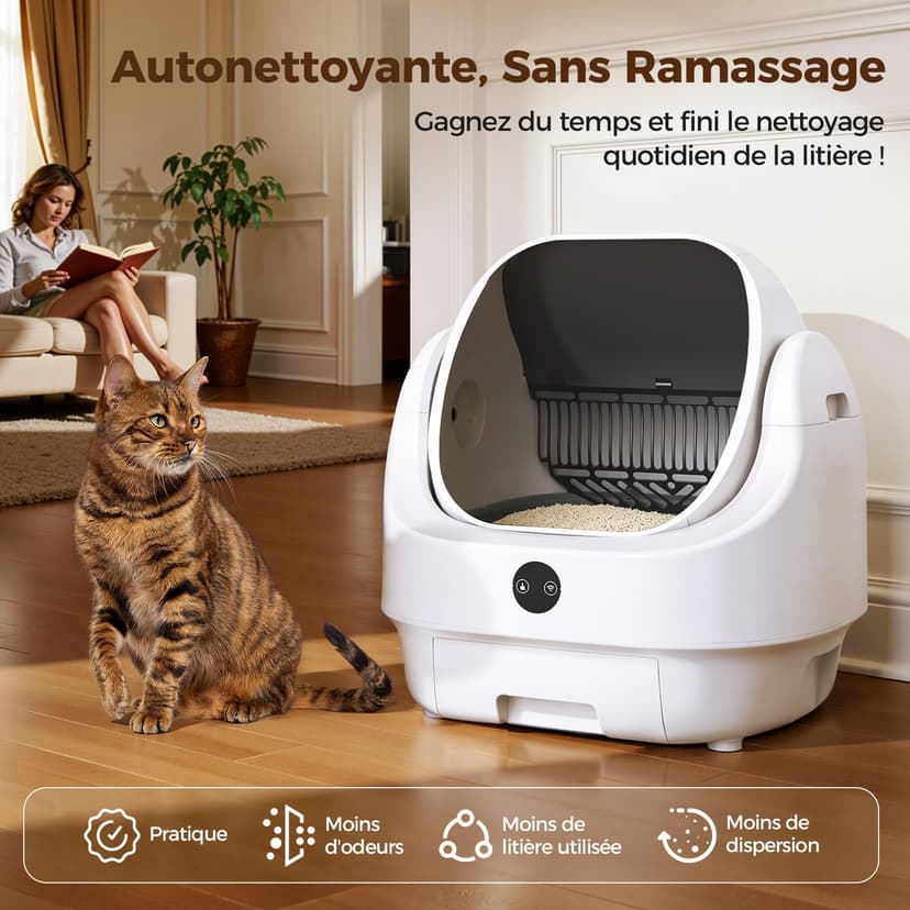 Self Cleaning Cat Litter Tray Open Top, Odor Control, Ready to Use, Automatic Litter Box, Large Capacity with APP Control and Safety Sensor, Ellenpent, with Trash Bags/Litter Mat (White) - 2
