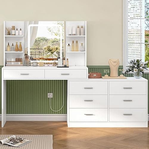 TEENFON Dressing Table with LED Light Mirror & Power Outl…