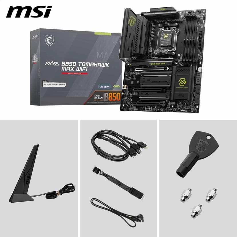 MSI MAG B850 TOMAHAWK MAX WIFI Motherboard, ATX - Supports AMD Ryzen 9000/8000 / 7000 Processors, AM5-80A SPS VRM, DDR5 Memory Boost 8400+ MT/s (OC), PCIe 5.0 x16, M.2 Gen5, Wi-Fi 7, 5G LAN - 7