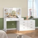 TEENFON Dressing Table with LED Light Mirror & Power Outlet, Vanity Table Makeup Desk with 8 Drawers and 6 Storage Shelves, 3 Color Modes & Adjustable Brightness Vanity desk, L Shape Change, White - 7