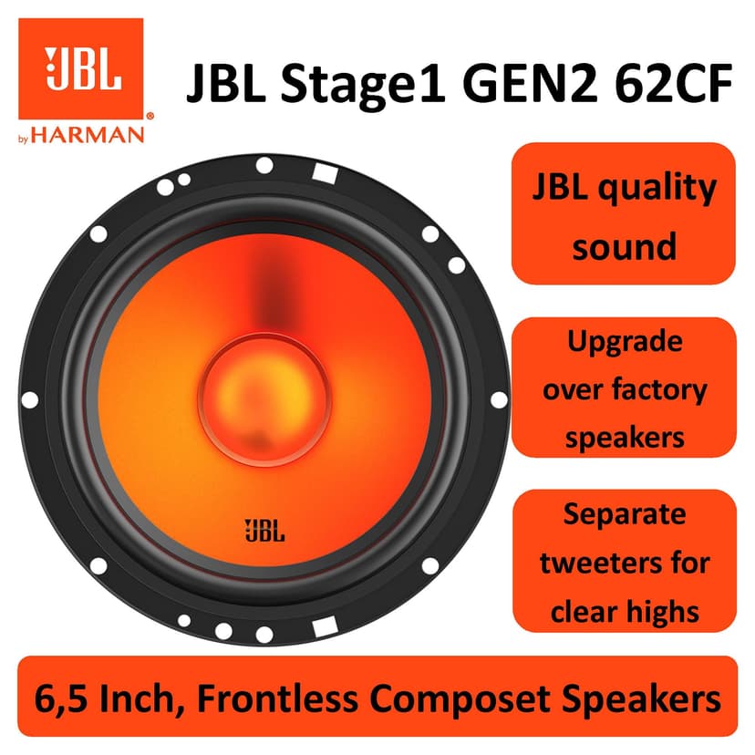 JBL Stage1 62CF GEN2 6.5" (165 mm) Component Car Speakers delivering 80W RMS and 640W Peak Power, 4 Ohm Impedance, Plus One™ Woofer Cone and Edge-Driven Silk Dome Tweeters for Clear JBL Sound - 10