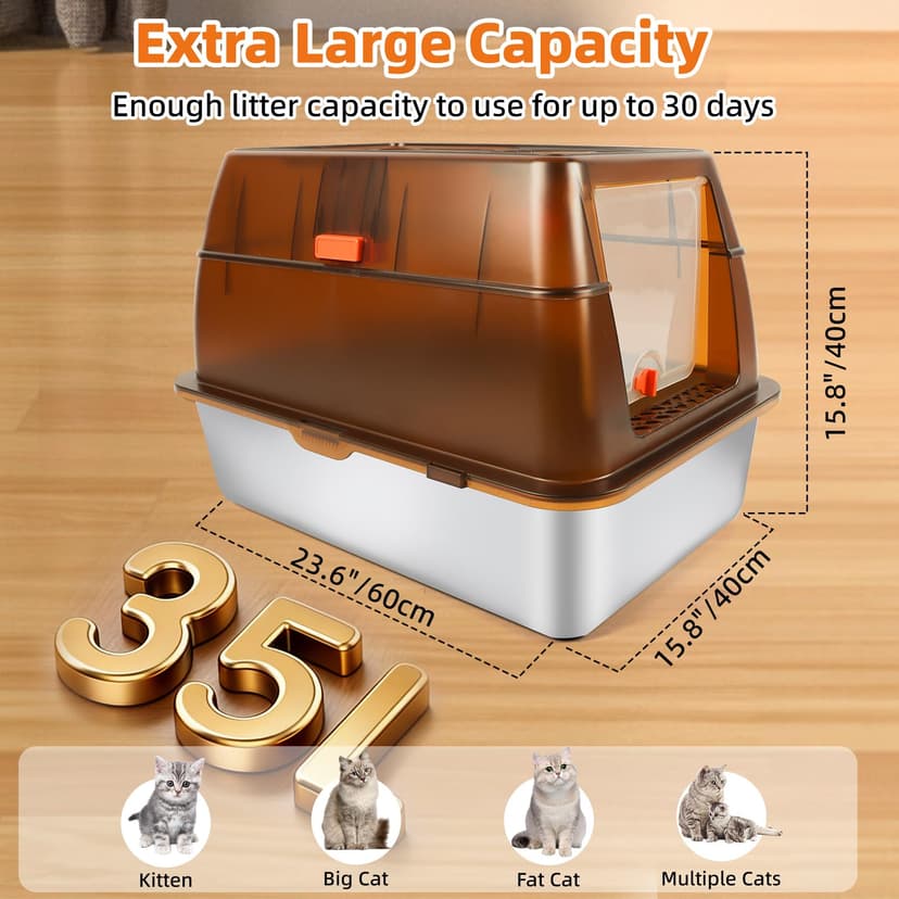 Bartuke Stainless Steel Cat Litter Box with Lid, Enclosed Litter Box for Big Cats, High Sided Metal Litter Pan with Scoop, Odors Control, Anti-Urine Leakage, Easy Cleaning (23.6''x15.8''x15.8'') - 3