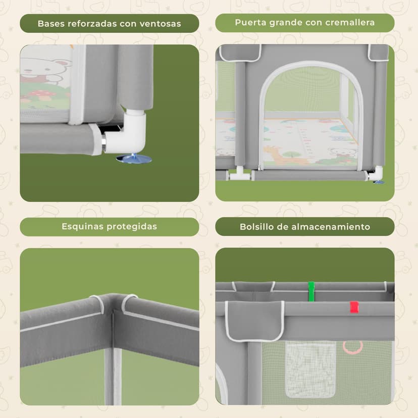 JUPPLIES Parc Bébé Sécurisé avec Tapis 120×120 cm – Aire de Jeu Carrée pour Enfant 6–24 mois, Filet Respirant 360°, Structure Stable Antidérapante, 2 Poignées Incluses - 4
