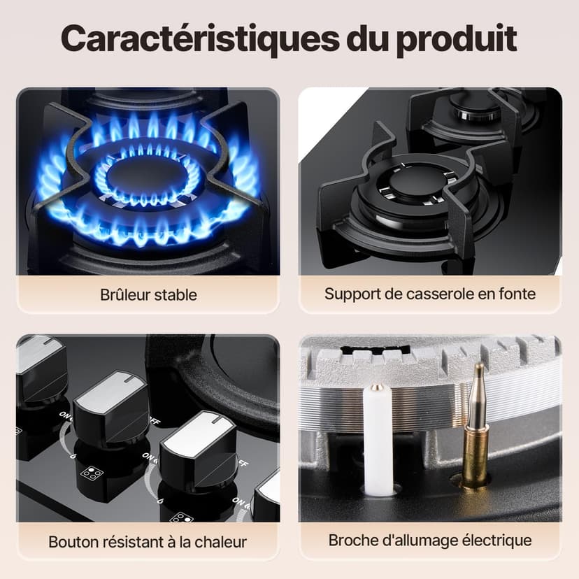 WEHIMO Gas Hob with 4 Burners, Built-in Gas Hob, 60 cm, Cast Iron Grill, 7800W, City Gas and Bottle, Black Glass - 7