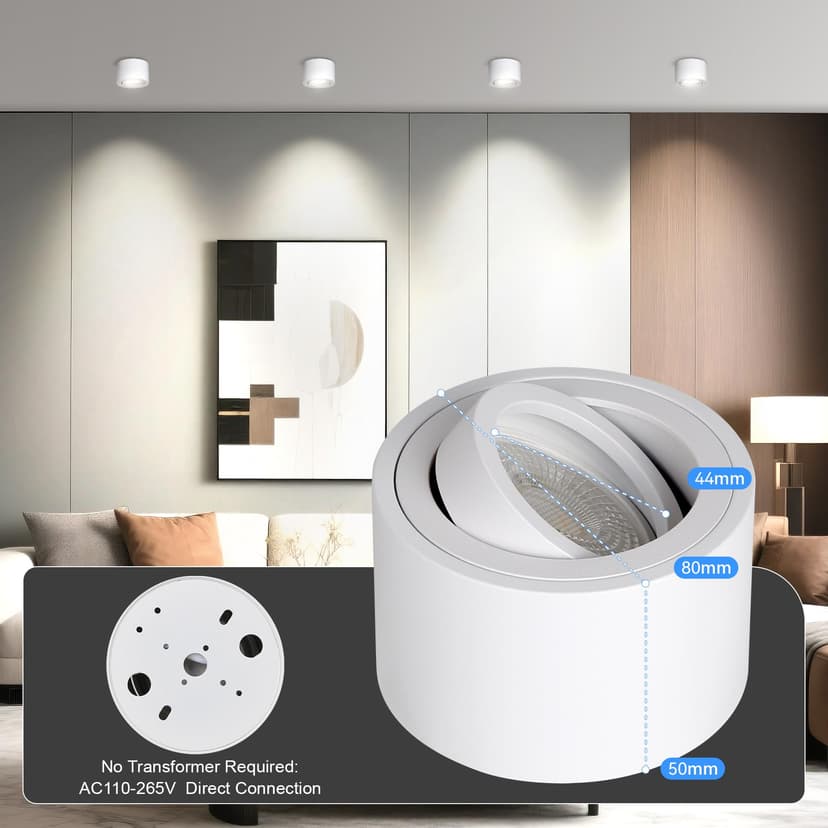 CANMEIJIA Surface Ceiling Spotlight Dimmable LED Ceiling Spotlight 7W Ø80x50mm Extra Flat 30° Pivotable 3000K/4000K/6500K Ceiling Spotlights Aluminium Downlight Round White 4 pcs - 8