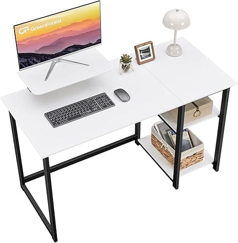 GreenForest Bureau avec Rangement,100 x 50cm Bureau d’Ordinateur avec Support de Moniteur,Bureau Gaming avec Étagères de Réversibles,Petite Bureaux à Domicile et Postes de Travail Informatiques,Blanc