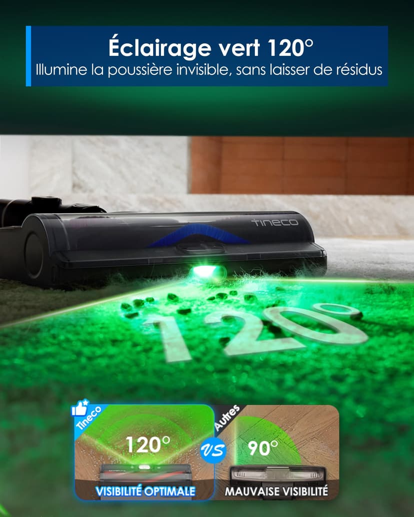 Tineco Pure One S50 Pro Aspirateur Balai sans Fil, Aspiration 200AW, Autonomie 95 Min, Brosse Anti-écheveaux, Tube Pliable à 180°, Eclairage LED Vert à 120°, Elimine Facilement Gros Débris - 4