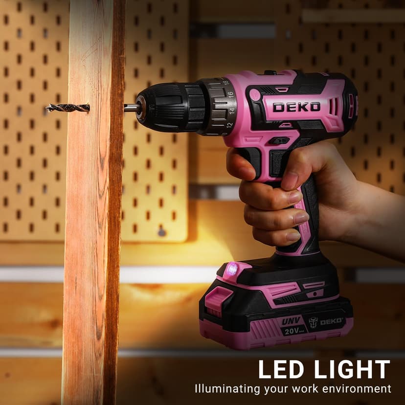 Power Drill Cordless: DEKOPRO Pink Cordless Drill 20V Electric Power Set Tool for Women Drills with Battery and Charger Drills Driver Kit - 6