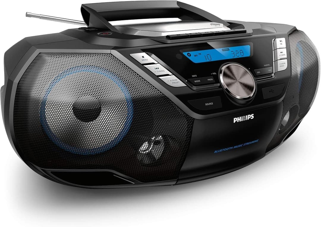 Philips AZB798T/12 CD Sound Machine, Lecteur CD et Cassettes Portable, Dab et FM, Bluetooth, CD, MP3-CD, USB Host, Dynamic Bass, Bass Reflex, télécommande, minuteur de Mise en Veille – Noir
