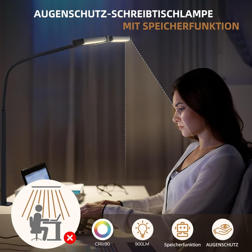 LIBORA Lampe de Bureau LED, Double tête lampe bureau, 5 Modes de Couleur 5 Niveaux de Luminosité, Col de cygne flexible et Peu encombrante lampe pince, lampen de table, Noir - 5