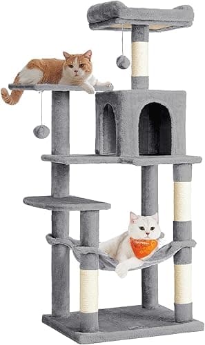 Feandrea Arbre à Chat Hauteur 143 cm, Tour de Jeux pour Chats, avec 4 Poteaux à Griffer, 2 Plateformes, 1 Niche, 1 Hamac, 2 Pompons, en Tissu Peluche, Multi-Niveaux, Gris Clair PCT161W01