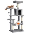 Feandrea Arbre à Chat Hauteur 143 cm, Tour de Jeux pour Chats, avec 4 Poteaux à Griffer, 2 Plateformes, 1 Niche, 1 Hamac, 2 Pompons, en Tissu Peluche, Multi-Niveaux, Gris Clair PCT161W01 - 1