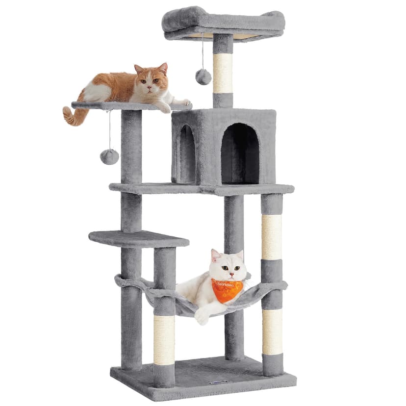 Feandrea Arbre à Chat Hauteur 143 cm, Tour de Jeux pour Chats, avec 4 Poteaux à Griffer, 2 Plateformes, 1 Niche, 1 Hamac, 2 Pompons, en Tissu Peluche, Multi-Niveaux, Gris Clair PCT161W01 - 1