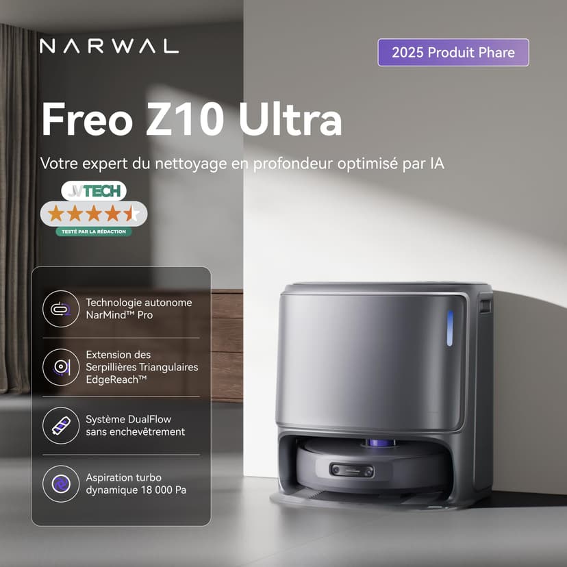 NARWAL Freo Z10 Ultra Robot Aspirateur Laveur, Balai Intelligent 18000Pa - Extension Serpillère Dynamique, Système Anti-Enchevêtrement, Nettoyage Humide/Sèche, Station Tout-en-Un - 2
