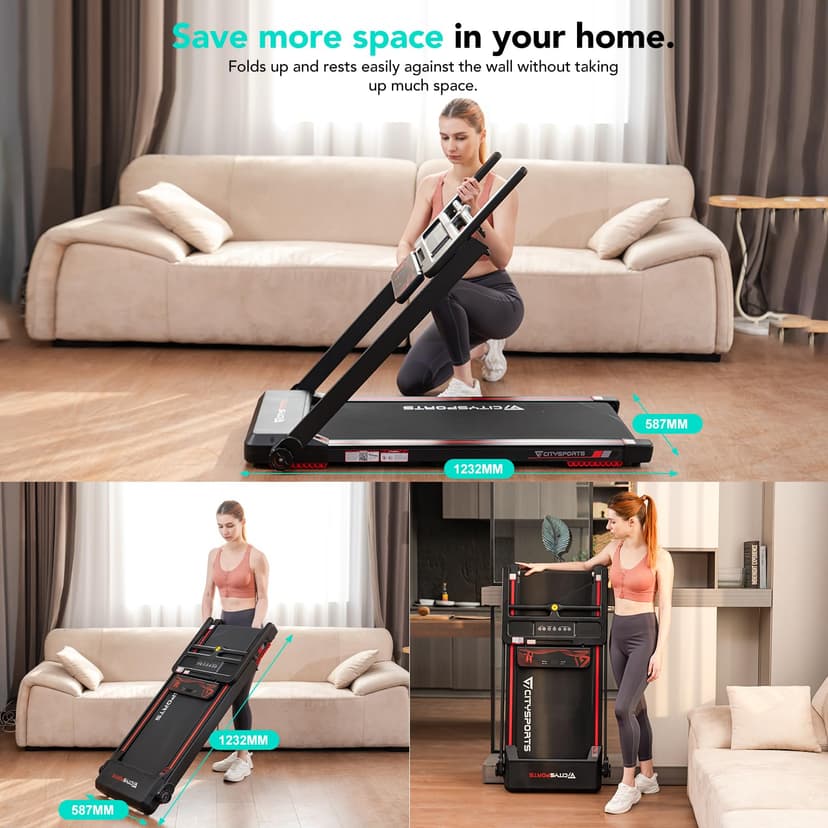 CITYSPORTS Treadmill, folding treadmill 12 km/h, with LED display, APP and 360° tablet holder, compact walking pad for home and office - 6