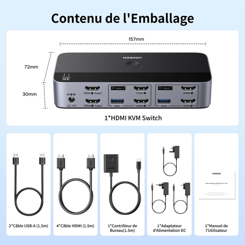 UGREEN HDMI KVM Switch 2 Monitors 2 Computers Support 4K@60Hz, 4 Port USB3.0 KVM Switches for 2 Computers Share Keyboard/Mouse/Hard Drives and 2 Monitor, KVM with 2 USB Cables and 4 HDMI Cable - 9