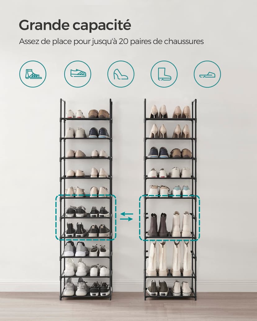 SONGMICS 10-Tier Shoe Rack, Shoe Stand, Space-Saving Shoe Storage, 45 x 28 x 173 cm, Metal Frame, Non-Woven Fabric Shelves, for Hallway, Bedroom, Black LSH010B02 - 3