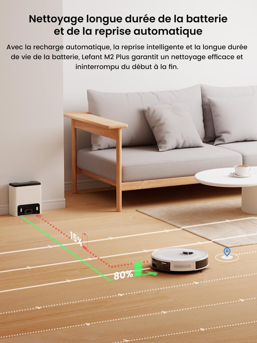 Lefant M2 Plus Robot Aspirateur Laveur 6000Pa avec Station Vidage Automatique Poussière,Navigation Laser avec Cartographie,Évitement d'obstacles PSD,140min,Idéal pour Poils d'animaux - 6