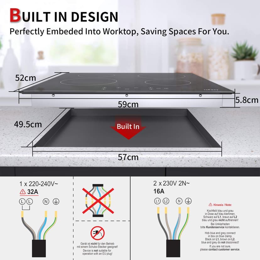 Plaque Vitrocéramique 4 Feux, Table de Cuisson Encastrable - (6000W, 4 Foyers, 60cm, Autarkic, Tactile, Minuteur, Verre-céramique - 3