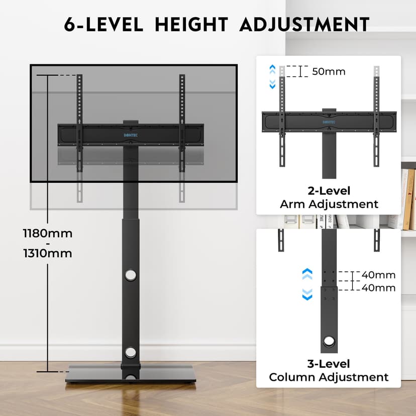 BONTEC TV Floor Stand for 30-70 Inch LED LCD OLED Flat Curved TVs, Height Adjustable Tall Swivel Standing TV Stand, Universal Freestanding Floor Standing TV Stand Base up to 40kg, Max VESA 600x400mm - 4