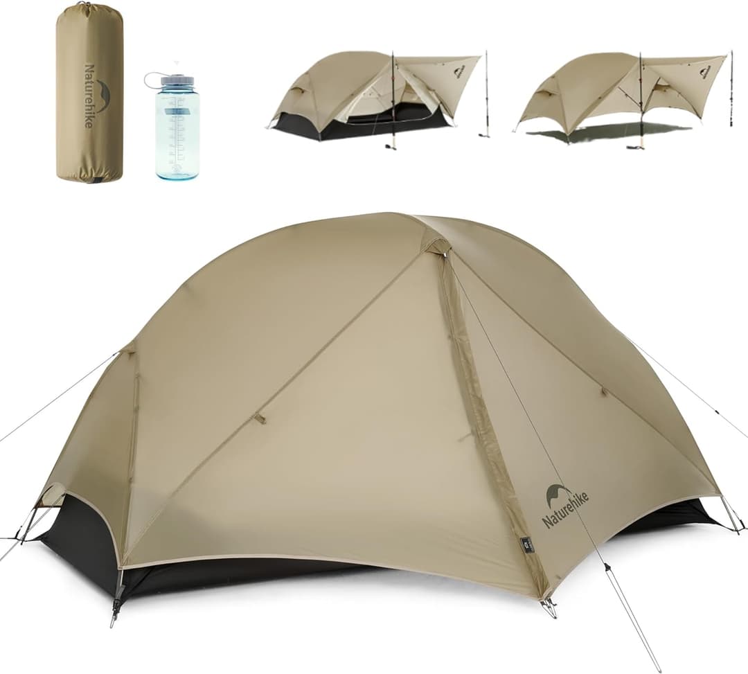 Naturehike Mongar UL Tent [2025 Upgrade] 1.5kg/3.3lb Ultralight Tents,1/2 Person Backpacking Tent,4 modes of use, Waterproof,Hiking tents for Camping with Front Porch,Easy Set up (Khaki, 2 person)