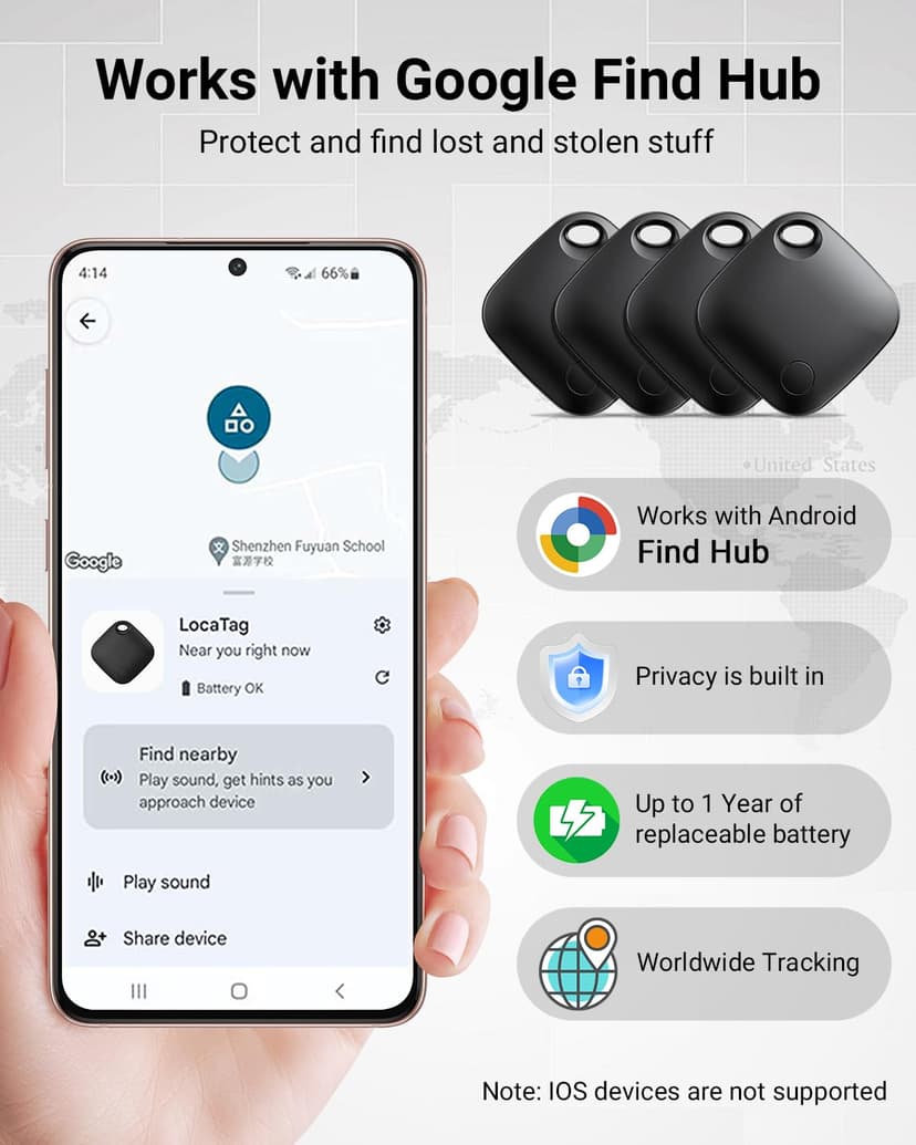 Android Smart Tag, Tracker Compatible with Google's Find Hub (Android Only), IP68 Waterproof, Bluetooth Locator for Keys/Luggage/Wallets, 4 Black - 2