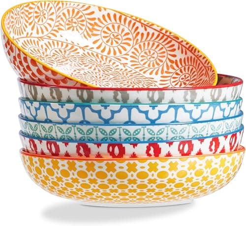 ONEMORE 36oz Colorful Pasta Bowls Set of 6 - Microwavable Oven and Dishwasher Safe Ceramic Shallow Bowl for Dinner, Soup, Assorted Colors