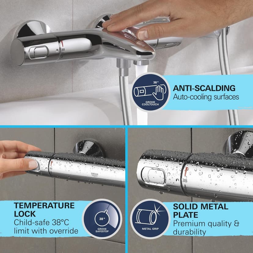 GROHE Vitalio Joy 310 - Cool Touch Thermostatic Mixer Shower Set (Water Saving Technology, Rain, Soap Tray, 110 mm 3 Spray Hand, Silicone Nozzles, Hose 1.75 m), Chrome, 26401001 - 8