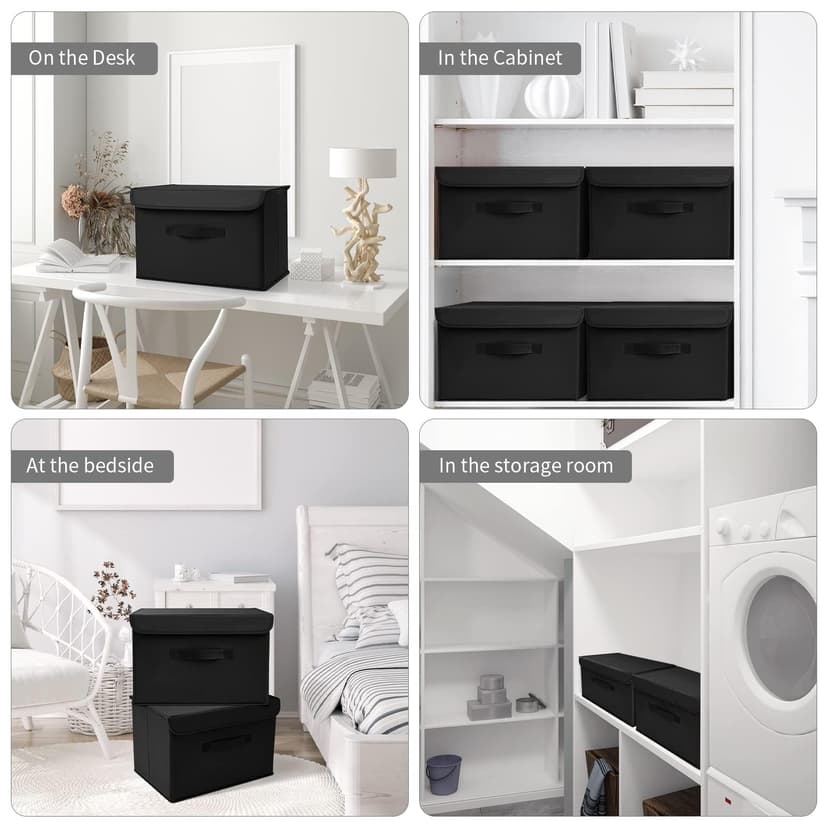 DIMJ Lot de 4 boîtes de rangement pliables avec couvercles, bacs de rangement pliables avec poignée, panier de rangement en tissu pour vêtements, jouets, livres - 6