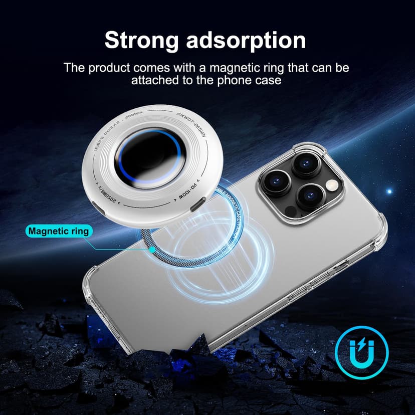 FP108 2TB Magnetic Portable SSD, External Solid State Drives with PD-100W and 2050MB/s USB-C 3.2 Gen 2x2, Play While Charging, Compatible with iPhone 16/15 Pro Max, Android, PC, Mac, Switch Lite - 5