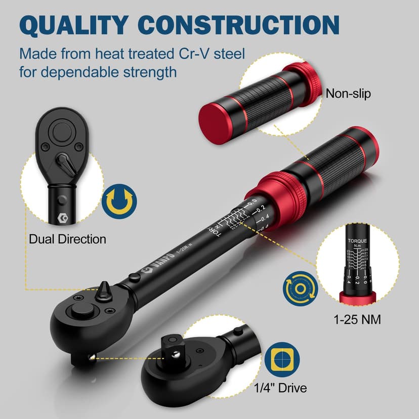VANPO Torque Wrench 1/4 inch, 3-25 Nm, 49-Piece Set with Sockets, Extension Rod, Adapters - 5