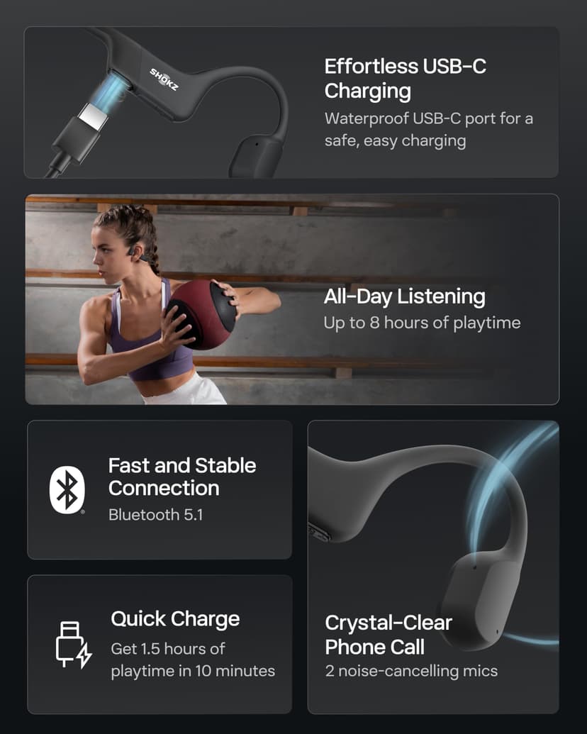 SHOKZ OpenRun Bone Conduction Headphones, Open-Ear Bluetooth Sports Earphones with Mic, IP67 Waterproof Wireless Headset for Running and Workout, 8H Playtime, USB-C - Black, Sport headband - 8
