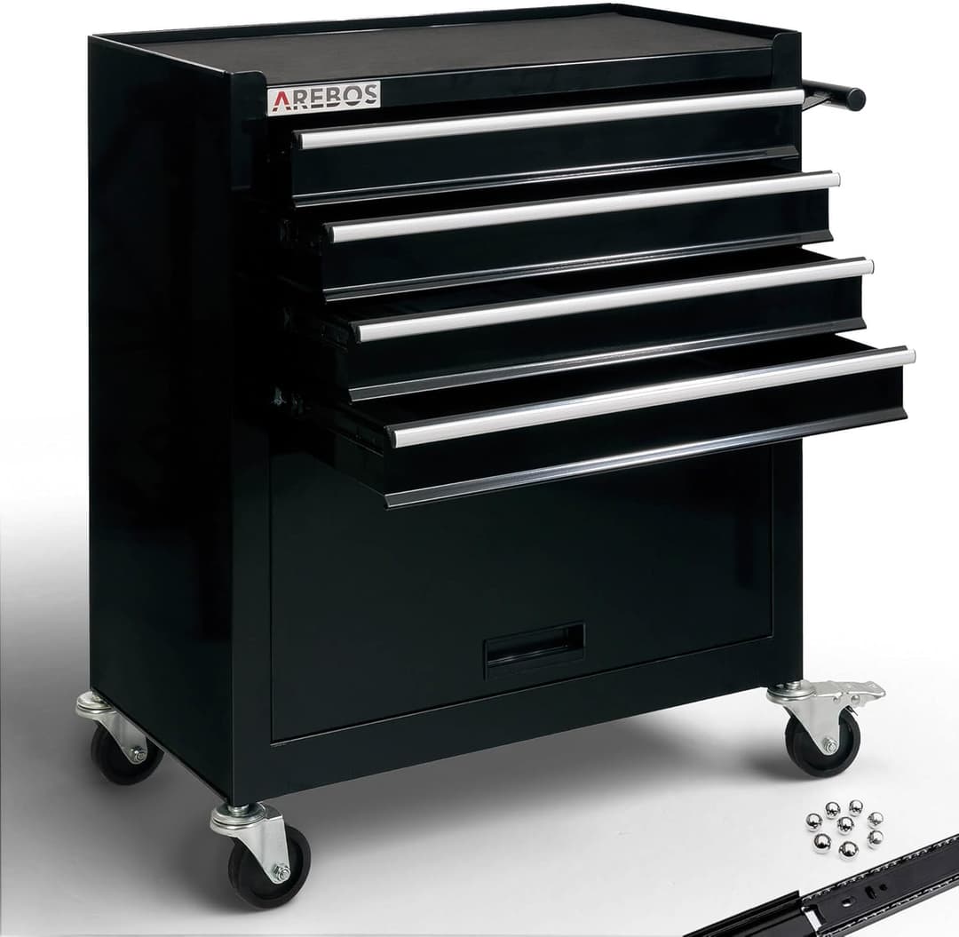 Arebos Tool cabinet cart workshop trolley on wheels portable | Black | 4 drawes + 1 compartment for tools | incl. anti-slip mats | drawers with ball bearings