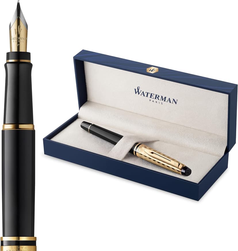 Waterman Expert Fountain Pen | The Opera Collection | Medium Nib and Blue Ink | Black & Gold Trim | Gift Box - 1