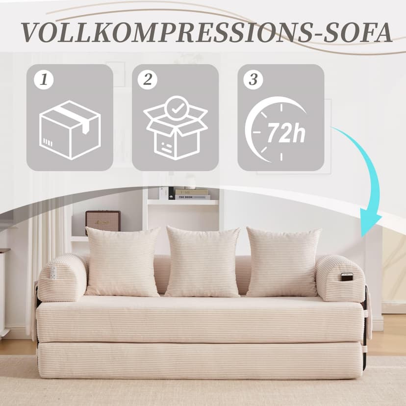 2 Seater Corduroy Sofa Bed, Multifunctional Modern Convertible Sofa, Side Pockets and 3 Cushions, DIY Free, for Living Room, Bedroom, Office (Beige-L) - 9