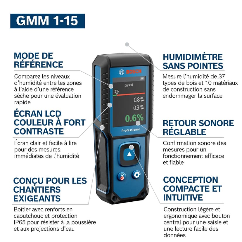 Humidimètre GMM 1-15 Bosch Professional à broches (non invasif, mesure 37 essences de bois et 10 matériaux de construction, indice de protection IP65, 2 piles AA, housse) - 4