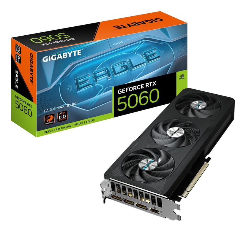 Gigabyte GeForce RTX 5060 EAGLE MAX OC 8G Graphics Card - 8GB GDDR7, 128bit, PCI-E 5.0, 2550 MHz Core Clock, 3 x DisplayPort, 1 x HDMI, NVIDIA DLSS 4, GV-N5060EAGLEMAX OC-8GD 1.0 - 1