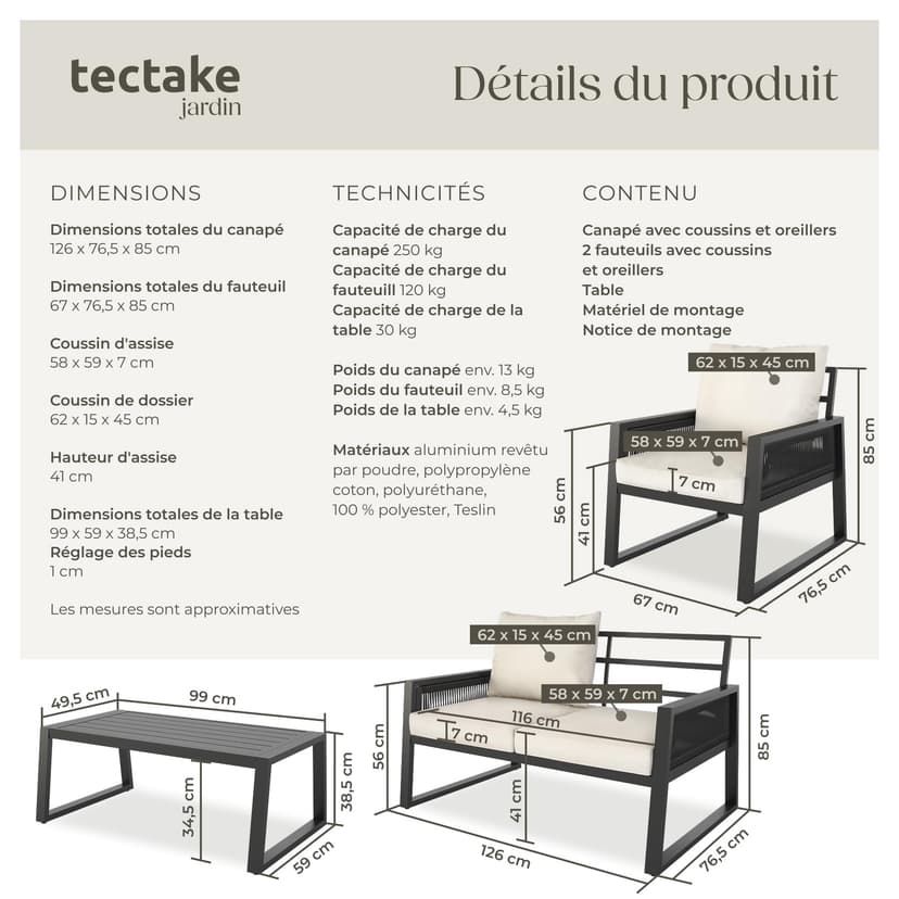 tectake® Ensemble Salon de Jardin Exterieur 4 Personnes en Aluminium Canapé 2 Places 2 Fauteuil Salon et 1 Table de Jardin, Coussins Inclus, Mobilier Amenagement Balcon Terrasse Veranda - 6