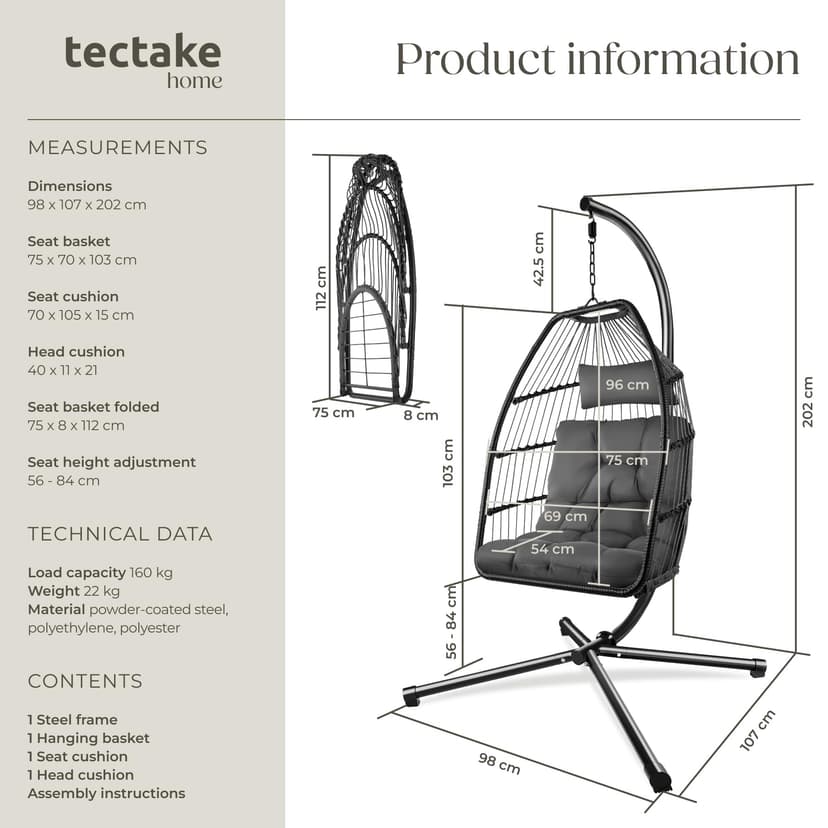 tectake® Luxurious Egg Chair with Stand, Thick Cushions, Polyrattan Weave, Rotatable & Height-Adjustable, Steel Frame, Incl. Protective Cover - Ideal Hammock Chair for Garden, Patio & Balcony - Grey - 6