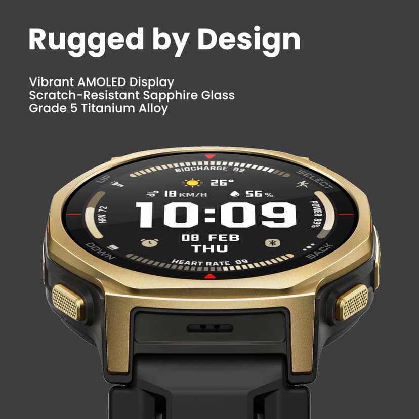 Amazfit T-Rex 3 Pro Outdoor Smart Watch 44mm Sapphire AMOLED Display with Flashlight, Ti Bezel, Dual Band GPS, Offline Maps, 17 Days Battery, 10 ATM, 180+ Sports Mode for Android & iPhone, Arctic Gold - 2