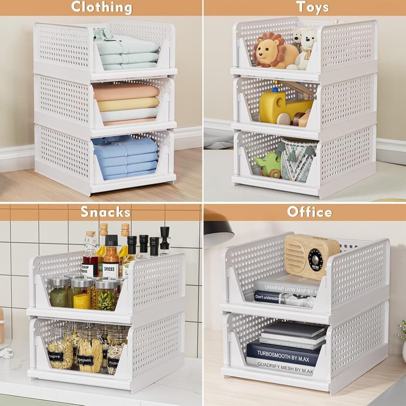 caktraie Organizador de armario plegable, paquete de 8 cajas de almacenamiento apilables, cesta de almacenamiento de plástico, almacenamiento plegable para armario, cocina, baño, color blanco - 5
