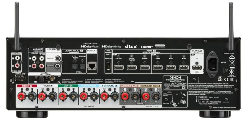 Denon AVR-X1800H Amplificateur AV Home Cinéma 7.2 Canaux, 175W, HDMI 8K, HEOS Multiroom, Dolby Atmos, DTS:X, Bluetooth, AirPlay 2 - Noir - 4
