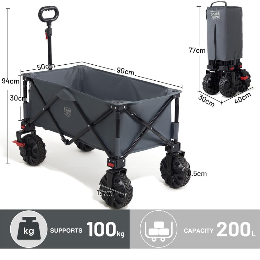 TIMBER RIDGE Festival Trolley on Wheels with Brakes, 200L Folding Camping Trolley Cart with Adjustable Handle & Cover Bag, 100kg Heavy Duty Cart Wagon for Outdoor Beach Garden Picnic Shopping - 7