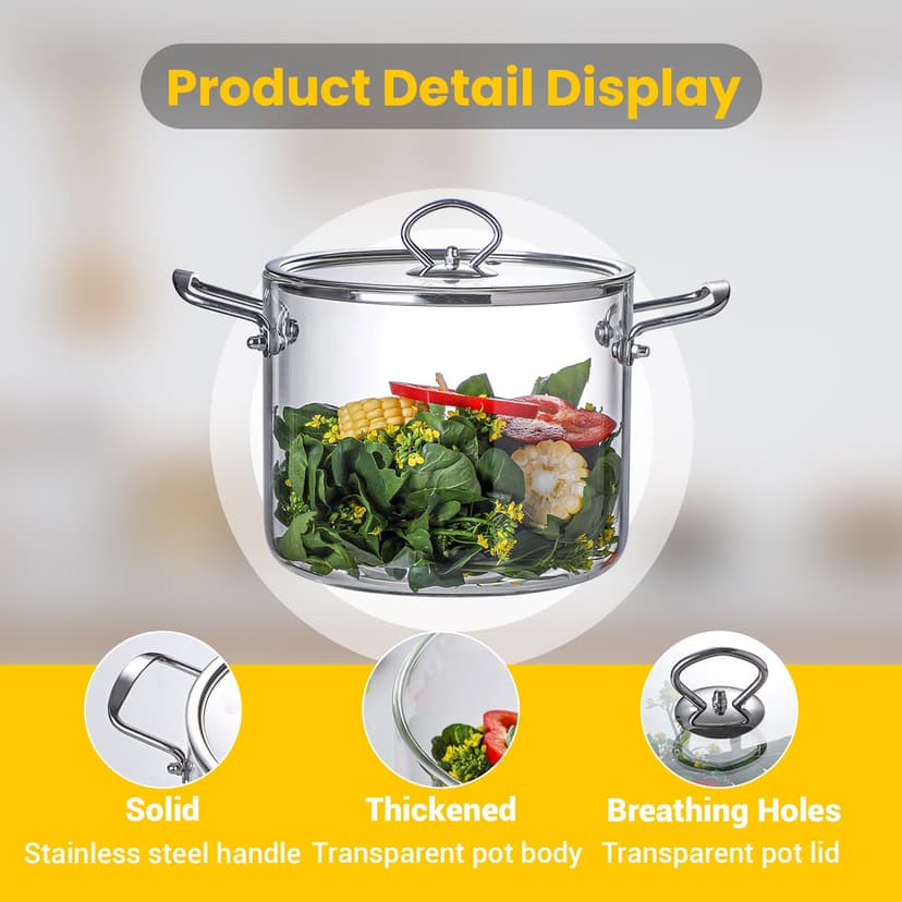 4.5L Glass Cooking Pot with Lid - Heat-Resistant Borosilicate Simmer Pot Soup Pot Transparent Saucepan Stockpot Double Handles for Pasta Noodle Soup Milk Tea and Salad - 4