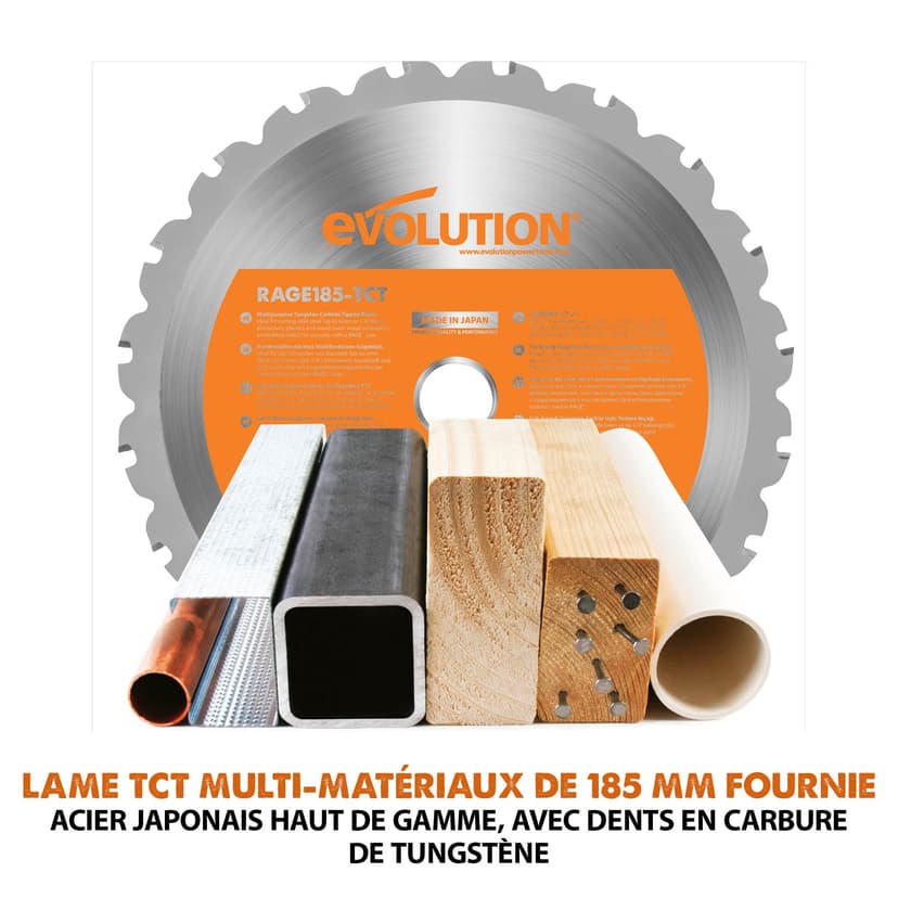 Evolution Power Tools Rage 4 Chop Saw 0˚-45˚ Mitre Angles Multi-Purpose Multi-Material Cutting Cuts Wood, Plastic, Metal & More, 3 Year Warranty Included & TCT Blade Included 185 mm (230 V) - 2