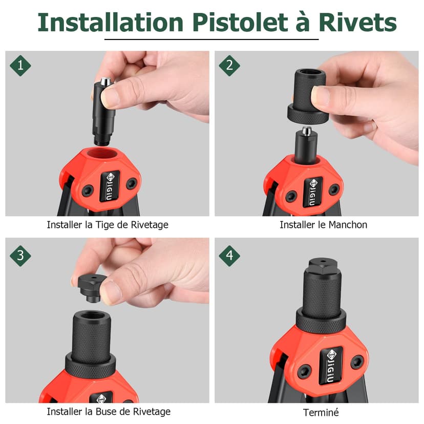 JiGiU 2 in 1 Rivet Nut Tool and Rivet Gun, Professional Hand Rivnut Gun Rivet Nut Gun Tool Heavy Duty Rivnut Tool Kit with M3 M4 M5 M6 M8 M10 M12 & 3.2/4.0/4.8/6.0/6.4 Rivet Heads,110 Nuts & 50 Rivets - 4