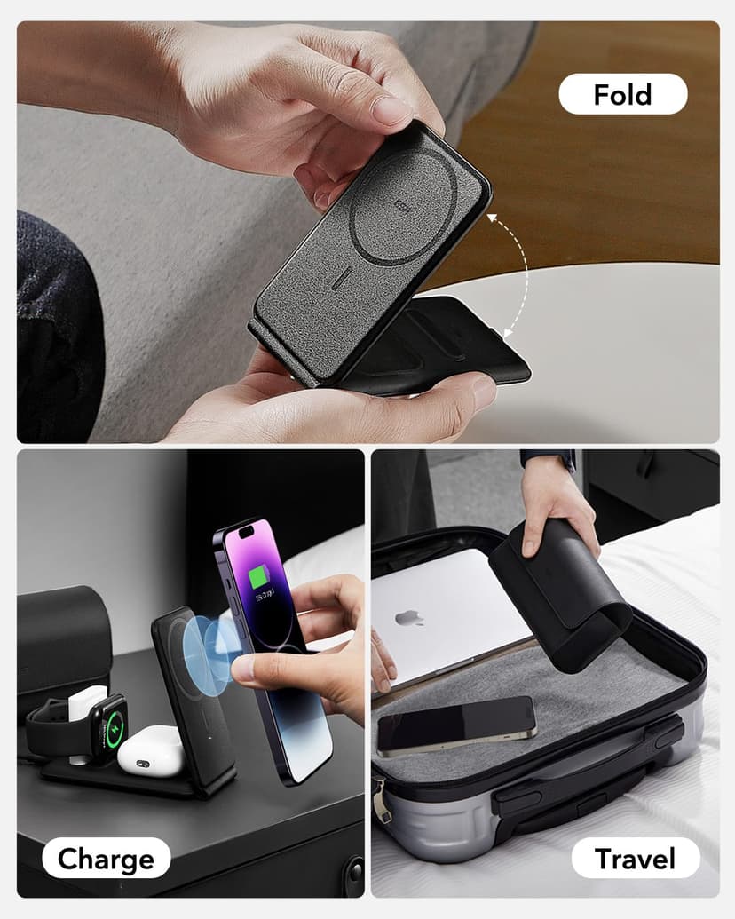 ESR Chargeur de Voyage 3 en 1, Compatible avec Chargeur MagSafe, Apple Watch Certifié, Station de Charge Pliable Made for MagSafe et iPhone 17e/17/16/15/14/13/12/AirPods Pro avec Adaptateur, Noir - 2